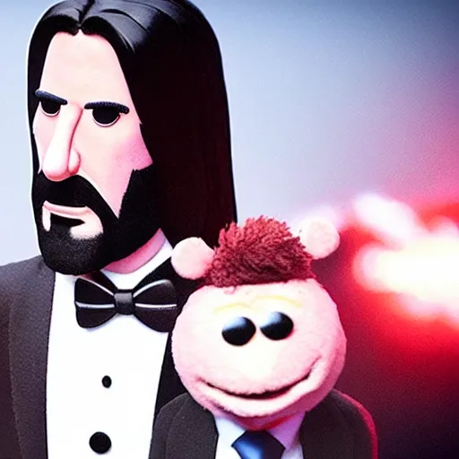 Image similar to john wick as a muppet. still photo. cinematic. dramatic lighting.