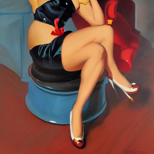 Prompt: a painting in the style of gil elvgren and in the style of greg hildebrandt.