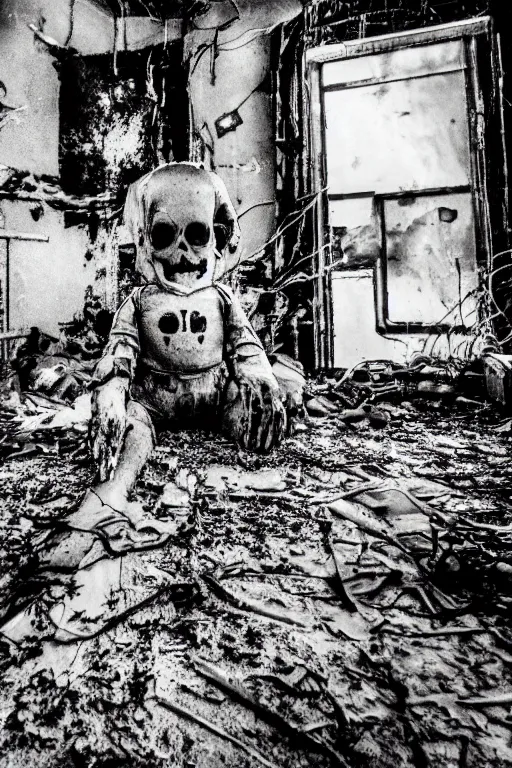 Image similar to a photograph of a haunted creepy doll photographs in a desolate nuclear apocalypse, ectoplasm, very creepy, skull, bones, possessed, atmospheric, dark derelict environment, highly detailed, epic scene