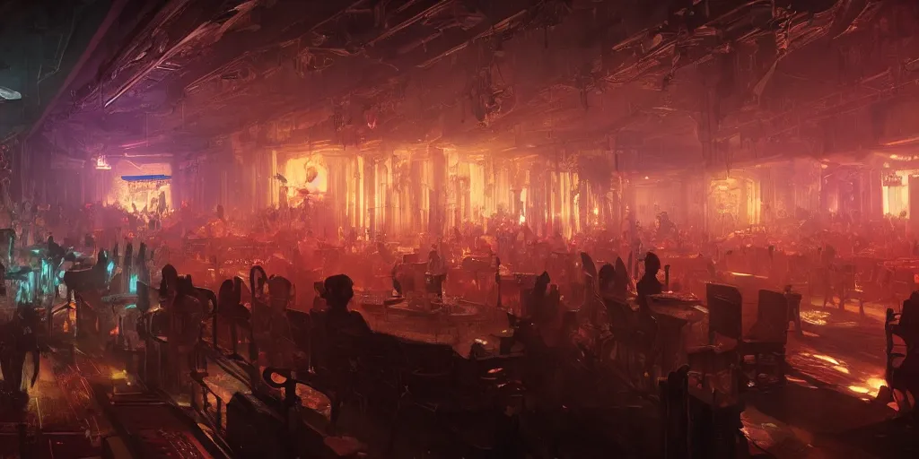 Prompt: Interior of a night club, Greg Rutkowski, Frank Frazetta, character design, trending on Artstation, 8K, ultra wide angle, establishing shot, pincushion lens effect, zenith view