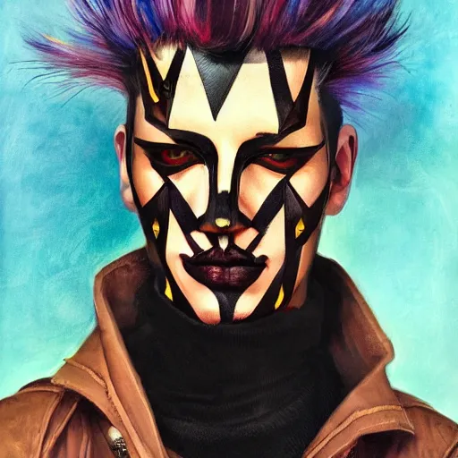 Image similar to an award finning and amazing portrait by akseli kallen gallela and john howe of a male cyberpunk punk rocker clothed in excessively fashionable 8 0 s haute couture fashion and wearing geometric face paint