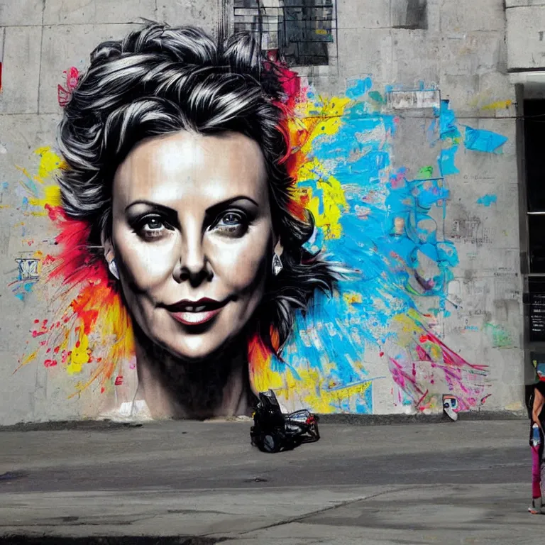 Prompt: Street-art portrait of Charlize Theron in style of Eduardo Kobra, photorealism