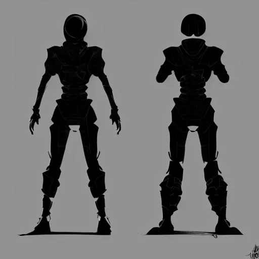 Prompt: concept art, stylized silhouette, super exaggerated proportions, concept design, sketch, male, science fiction suit, helmet, arthur rackham, trending on artstation