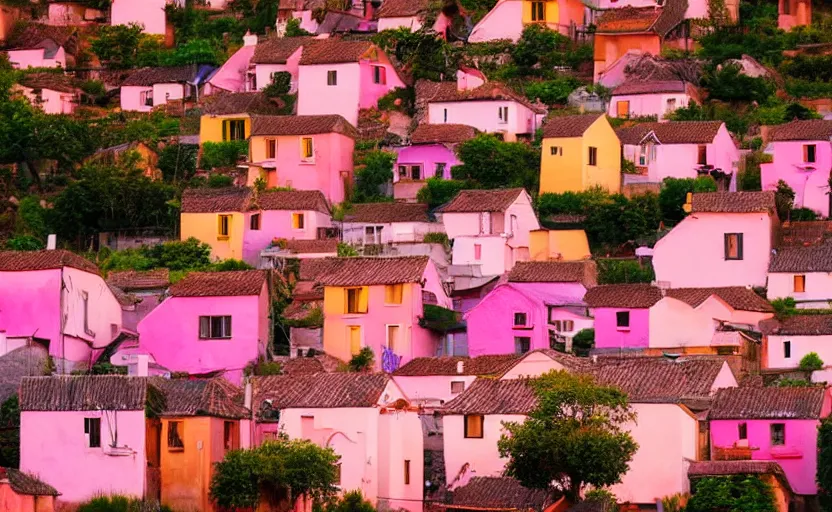 Prompt: village, houses with faces, sunset atmosphere, pink, low contrast, light, naive, detailed, cinematic lighting + masterpiece