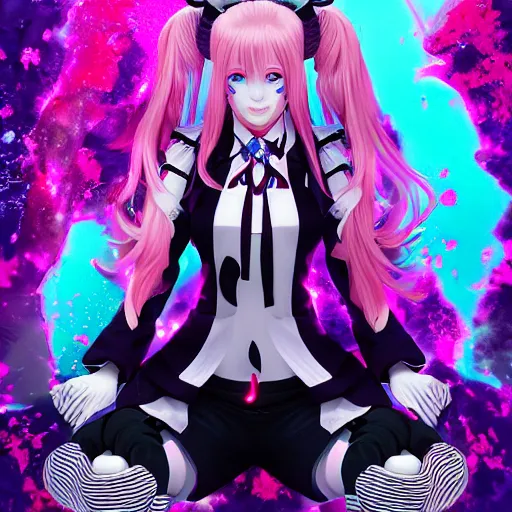 Prompt: trapped beneath stunningly absurdly beautiful omnipotent asi goddess junko enoshima with multiple twisted megalomaniacal mesmerizing personalities, symmetrical perfect face, porcelain skin, pink twintail hair and cyan eyes, ultra detailed, digital art, unreal engine 5, octane render, 2 d anime, 8 k
