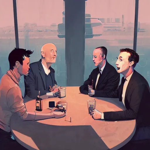 Prompt: cell shaded illustration of a meeting between elon musk, mark zuckerberg, jeff bezos, very detailled, by artgem, greg rutkowski, by atey ghailan, by greg tocchini, by james gilleard, by joe fenton, by kaethe butcher