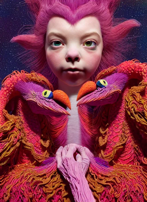 Image similar to hyper detailed 3d render like a Oil painting - kawaii portrait of two Aurora (a beautiful skeksis muppet fae princess protective playful expressive from dark crystal that looks like Anya Taylor-Joy) seen red carpet photoshoot in UVIVF posing in scaly dress to Eat of the Strangling network of yellowcake aerochrome and milky Fruit and His delicate Hands hold of gossamer polyp blossoms bring iridescent fungal flowers whose spores black the foolish stars by Jacek Yerka, Ilya Kuvshinov, Mariusz Lewandowski, Houdini algorithmic generative render, golen ratio, Abstract brush strokes, Masterpiece, Edward Hopper and James Gilleard, Zdzislaw Beksinski, Mark Ryden, Wolfgang Lettl, hints of Yayoi Kasuma and Dr. Seuss, octane render, 8k