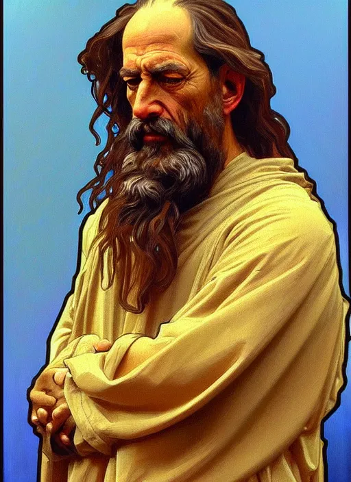 Prompt: oil portrait of homer christ, intricate, elegant, highly detailed, lighting, painting, artstation, smooth, illustration, art by greg rutowski and alphonse mucha