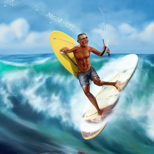 Image similar to barack obama surfing in rough surf holding a margarita, realistic, high detail, volumetric light, sharp focus, concept art, intricate details, highly detailed, 4 k