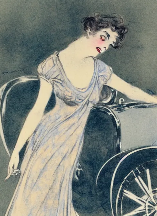 Image similar to Louis Icart, an old elaborate colored drawing of a woman posing eloquently in front of a 1920's car, wearing flowing dress, by Louis Icart, highly detailed, masterpiece