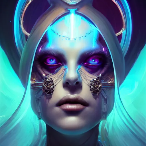 Prompt: queen of death. intricate portrait, intricate biomechanical, bioluminescent halo around head. by Petros Afshar, by artgerm, by Eddie Mendoza, by Peter mohrbacher, by tooth wu, unreal engine, octane render, cinematic light, high details, iridescent colors