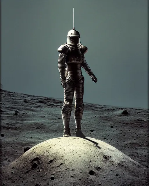 Prompt: crusader knight in armor standing on the moon, retrofuturism sci - fi old movie, highly detailed, photorealistic, 8 k, by beksinski and stalenhag