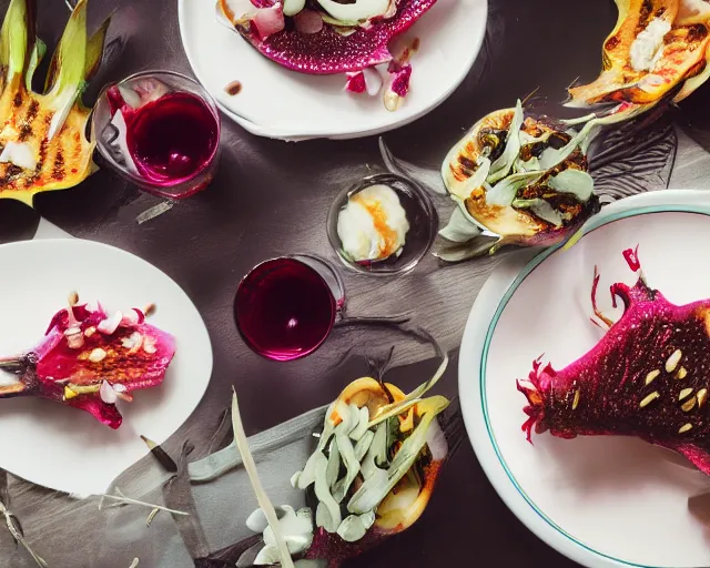 Prompt: 8 5 mm food photography of a plate full of grilled dragon fruit at restaurant with dof and bokeh and wine glasses o