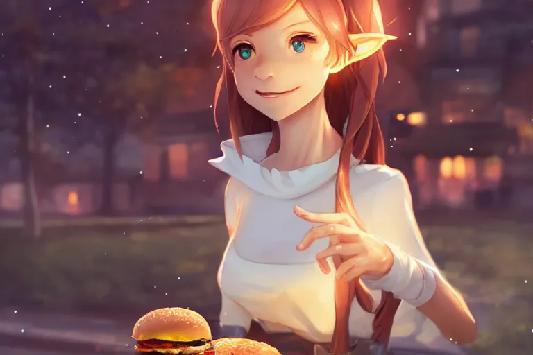 Image similar to adorable elf girl eating a burger, single subject, scenic full shot, ambient lighting, white hair, detailed face, by makoto shinkai, stanley artgerm lau, wlop, rossdraws