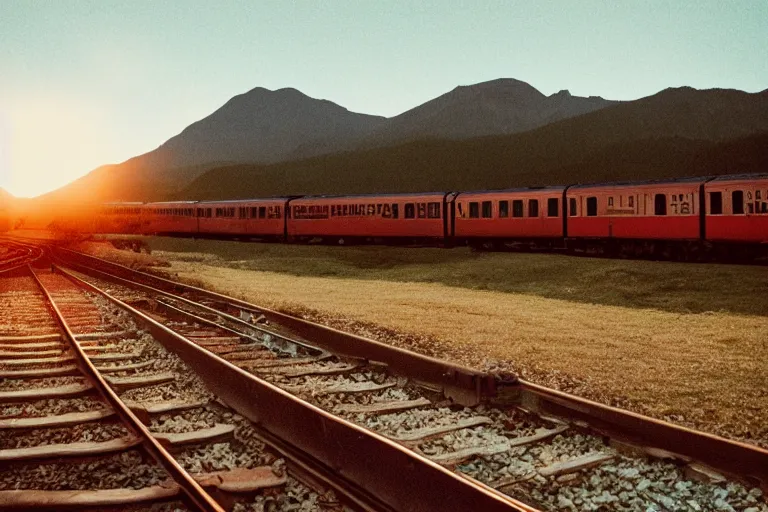 Image similar to trains riding in the sunset over a mountain. film photography, soft lighting