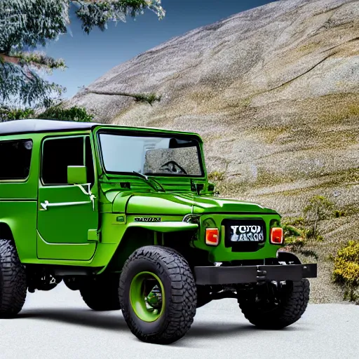 Image similar to closeup of a green Toyota Fj43 build in 1981, traveling through the mountains, black roof, with a roof rack, detailed, 8K, octane render, 8K,