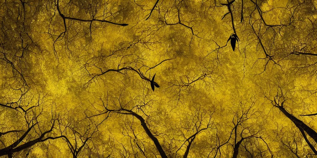 Prompt: golden canopy above a rainforest with birds flying in the sky above, painting, 4 k