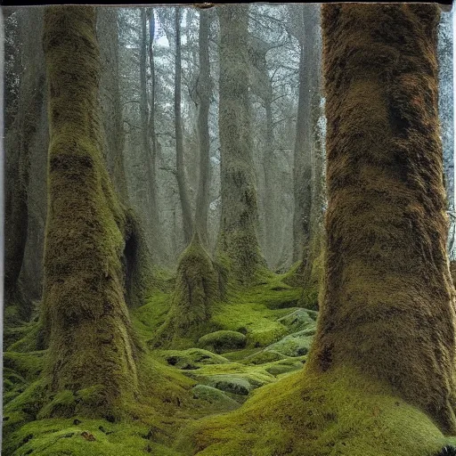 Prompt: a mossy wood, huge troll , in the style of John Bauer,