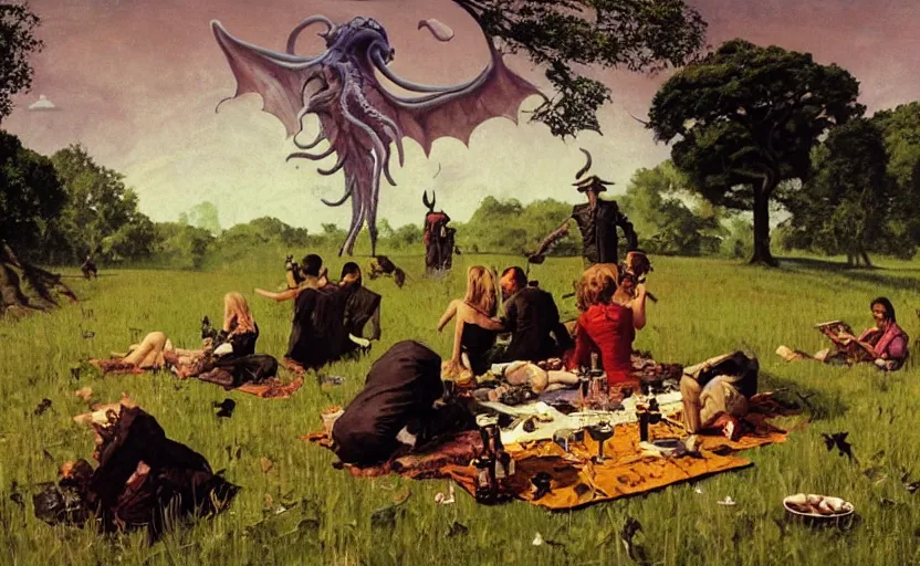 Image similar to cthulhu devouring a meadow by people having picnic. lovecraftian horror. highly detailed science fiction painting by norman rockwell, frank frazetta, and syd mead. rich colors, high contrast, gloomy atmosphere, dark background. trending on artstation