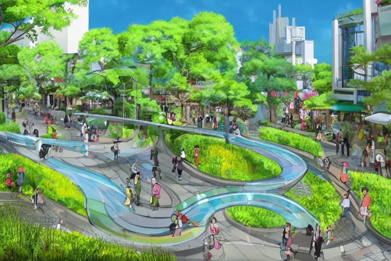 Prompt: an optimistic futuristic pedestrian mall with landscaped streams, idyllic crossing bridges and pop motifs, by ghibli, also cannabis