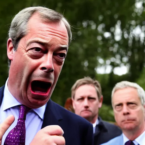Prompt: nigel farage with black eyes angry screaming with spiders crawling out of his mouth
