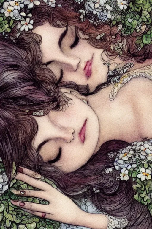 Image similar to closeup face shot of sleeping woman with long hair on a bed surrounded by ivy and flowers, fantasy art, trending on artstation, sleeping beauty fairytale, art by luis royo and walter crane and kay nielsen, watercolor illustration,