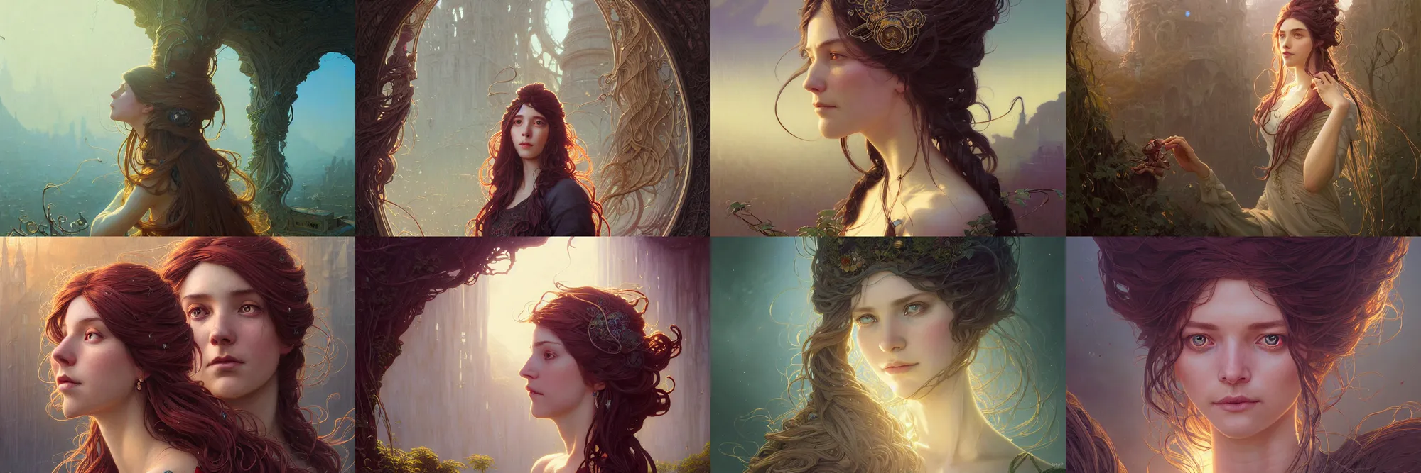 Image similar to highly detailed portrait of a woman with long hairs, stephen bliss, unreal engine, fantasy art by greg rutkowski, art nouveau, loish, rhads, ferdinand knab, makoto shinkai and lois van baarle, ilya kuvshinov, rossdraws, tom bagshaw, alphonse mucha, global illumination, radiant light, detailed and intricate environment