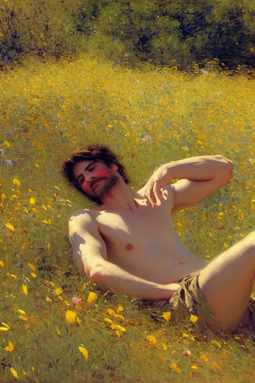 Prompt: attractive man relaxing in flower field, painting by gaston bussiere, craig mullins