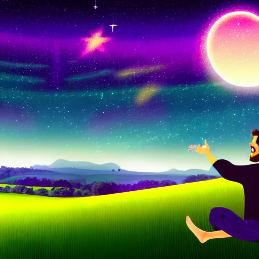 Prompt: idealized detailed image of a happy man thinking while in a dream-like environment, looking over a landscape of bright, verdant farmland, a quaint little village in the background and starlit skies, the sky has purple/pink undertones and