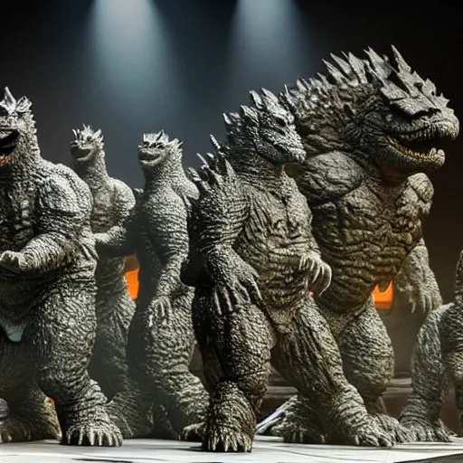 Image similar to army of godzilla on stage