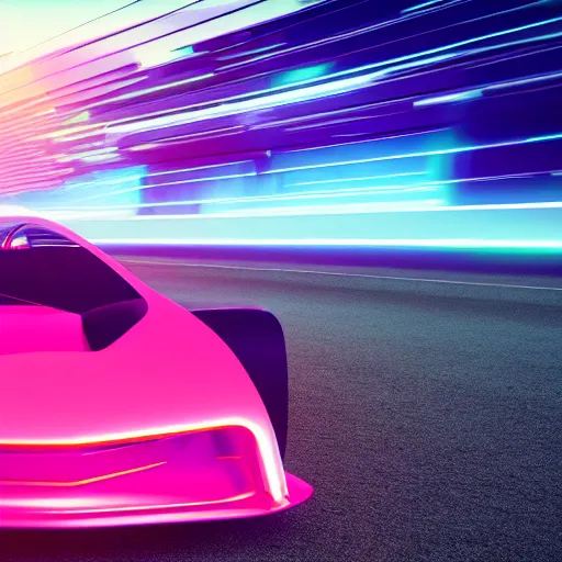 Image similar to neon synthwave f 1 2 2 concept car, at sunset, 8 k. filling most of the view
