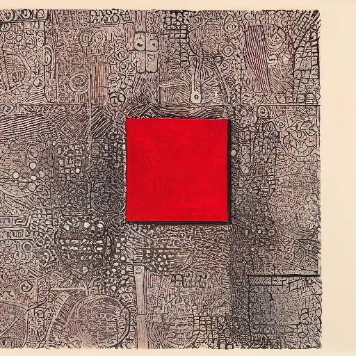 Prompt: chrome spheres on a red cube, woodblock print