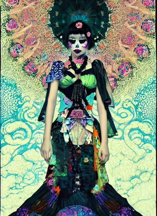 Prompt: cute punk goth fashion hippy fractal Día de los Muertos android girl wearing kimono made of light posing by Zhang Jingna, psychedelic poster art of by Victor Moscoso Rick Griffin Alphonse Mucha Gustav Klimt Ayami Kojima Amano Charlie Bowater, masterpiece