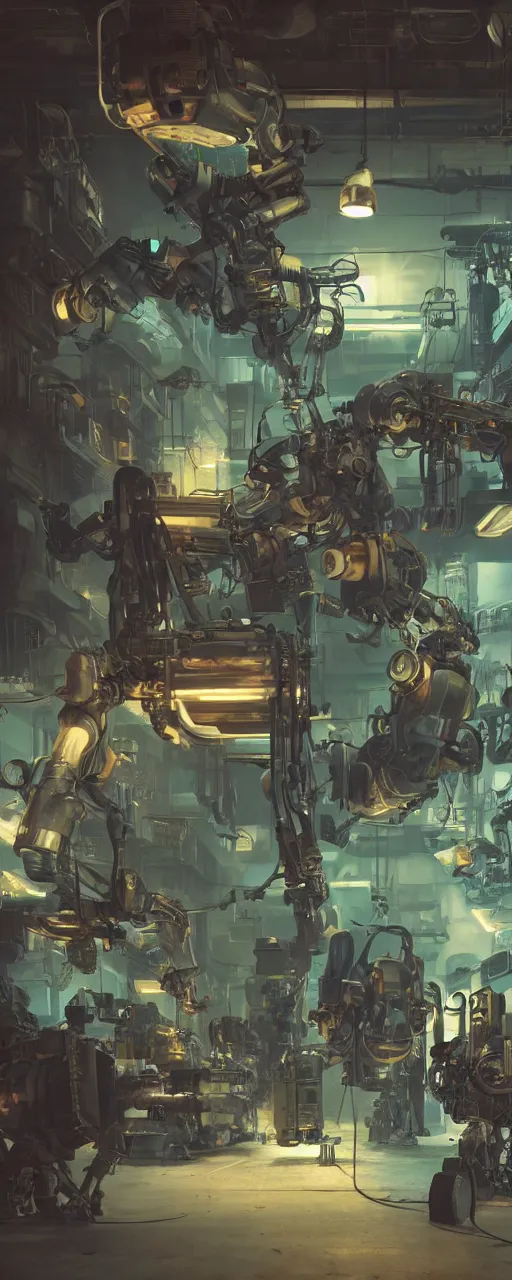 Image similar to concept art, realistic dieselpunk robot repair workshop, neon glow, volumetric lighting, strong shadows, reflections, high contrast, glowing robot motifs, octane render, curves, bladerunner, loish, syd mead, akihiko yoshida, cinematic