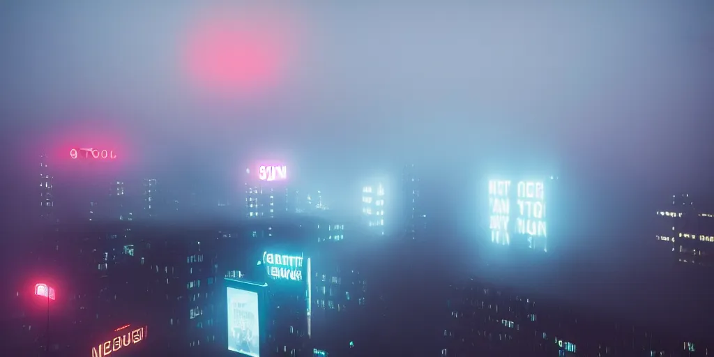 Image similar to giant illuminated advert screens, eerie fog, megacity streets seen from above, neon signs, blade runner, ex machina