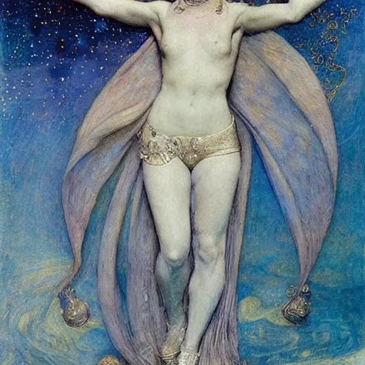 Image similar to the queen of the moon and the stars in full regalia, by Annie Swynnerton and Tino Rodriguez and jean delville, elaborately costumed, rich color, dramatic cinematic lighting, extremely detailed