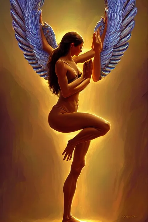 Image similar to angel doing yoga in temple, fantasy, intricate, elegant, highly detailed, digital painting, artstation, concept art, matte, sharp focus art by boris vallejo, smooth, sharp focus, illustration