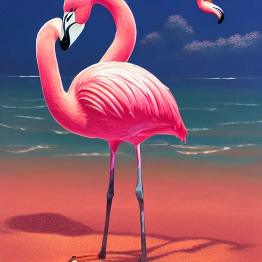 Image similar to A fickle flamingo is standing on a beach full of pink sand, highly detailed, neon artstyle, artstation, intricate, smooth, sharp focus, dark, horror, illustration, art by greg rutkowski and Yuumei, good clear quality, lighting, biology, symmetrical artwork, perfect face, 135 mm, cinematic, hyper realism, high detail, octane render, 8k, crimson highlights