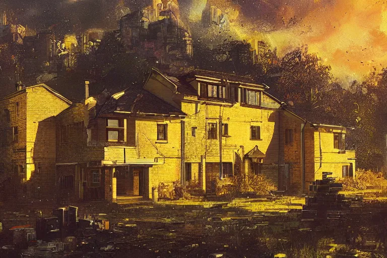 Prompt: cyberpunk, an estate agent listing external photo of a 5 bedroom detached house made of gold in the countryside, sunny day, clear skies, by Paul Lehr