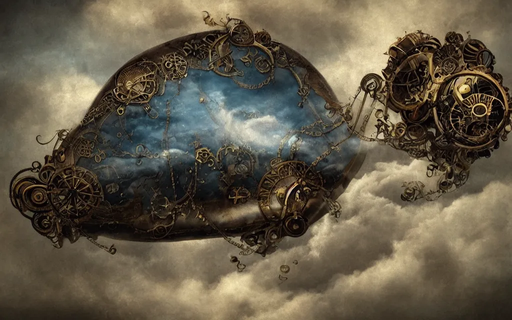 Image similar to steampunk dirigible floating between swirling clouds. haze. rococo style