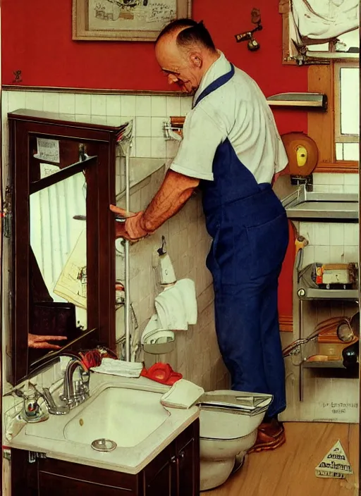 Image similar to a balding white man,, slim, wearing plumber uniform, norman rockwell painting, fixing sink