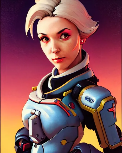 Image similar to mercy from overwatch, character portrait, portrait, close up, concept art, intricate details, highly detailed, vintage sci - fi poster, retro future, vintage sci - fi art, in the style of chris foss, rodger dean, moebius, michael whelan, and gustave dore