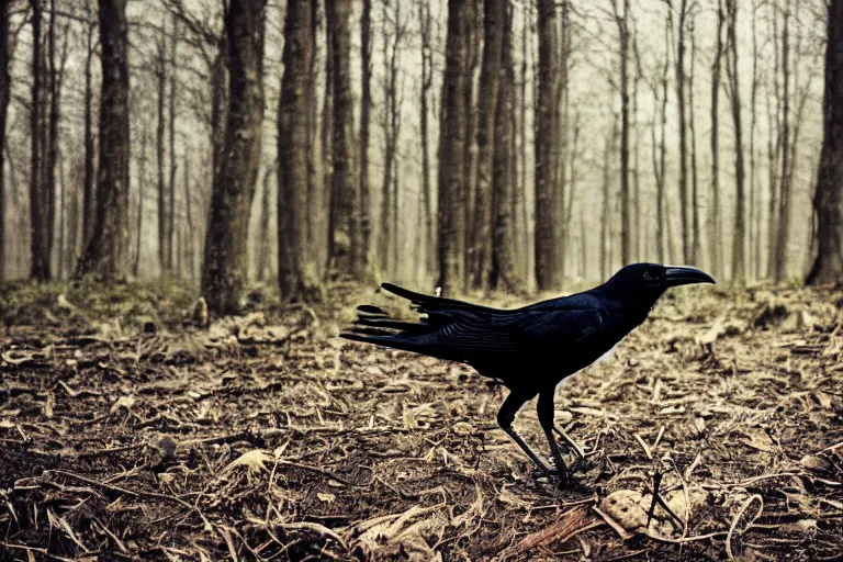 Prompt: human mixed with a crow, photograph captured in a dark forest