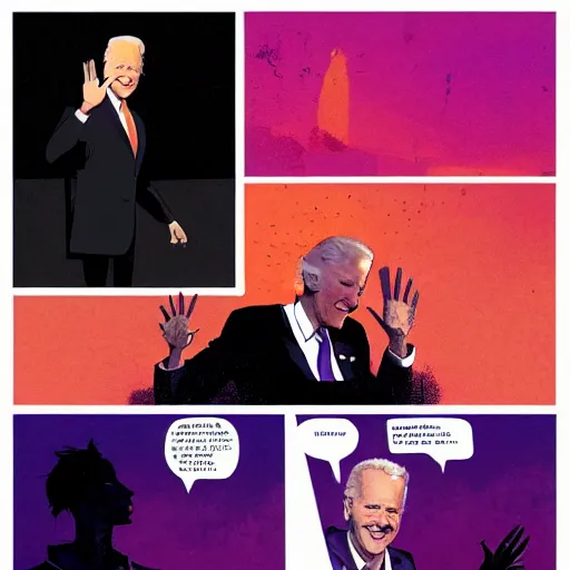 Image similar to joe biden waves to a redditor named joxeta while holding an axe by greg rutkowski and dave mckean in an orange and purple color palette