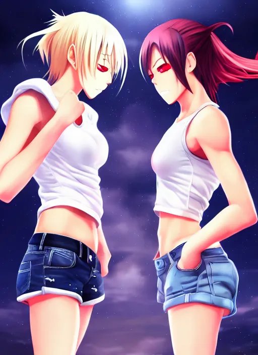 Image similar to two beautiful identical female fighters facing each other, jean shorts, white top, dim lighting, gorgeous features, high resolution, detailed digital anime art