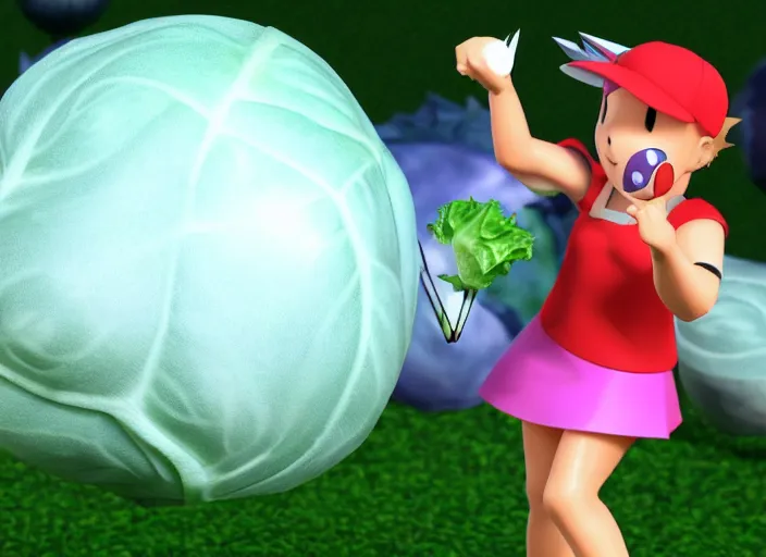 Image similar to Misty from Pokemon is throwing a pokeball at a cabbage. 3D render, action shot