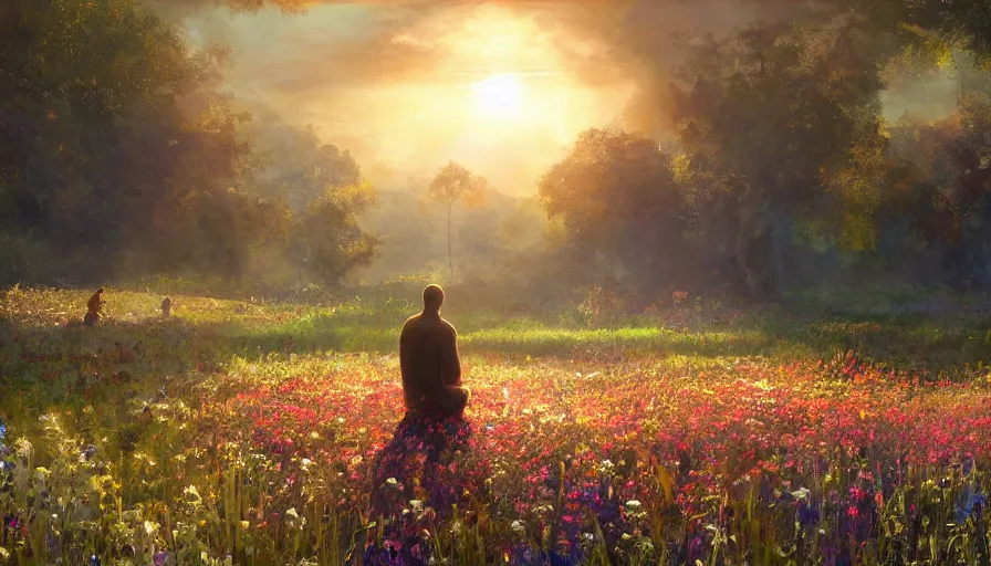 Image similar to craig mullins a man in robes kneels and prays in a field of flowers, the sun's holy light shines down upon him, colorful, solarpunk, unreal engine, hyper realism, realistic shading, cinematic composition, realistic render, octane render, detailed textures, photorealistic, wide shot