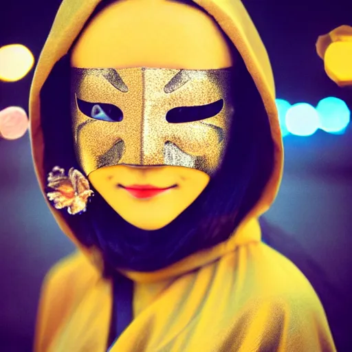 Image similar to japanese female balaclava mask with golden necklace and kimono, photo portrait, beautiful female model, tokyo, city neon light, bokeh, long exposure, kodak promax 4 0 0, sony lens, golden fractals and dmt