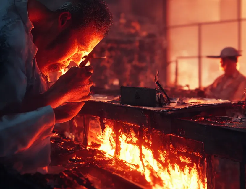 Prompt: a man works at a workstation in a very hot office with burning fires, close up, featured in artstation, octane render, intricate, ultra detailed, fantasy, concept art, sharp focus, illustration, 8 k