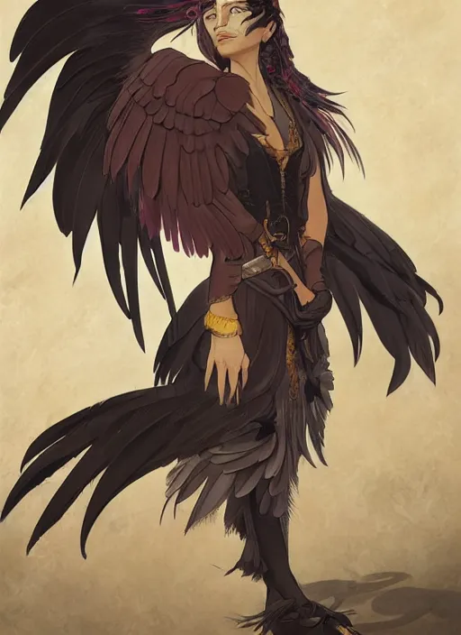 Image similar to concept art painting of a harpy bird person with black feathers, pirate clothes, detailed, realistic, cel shaded, in the style of makoto shinkai and james gurney and alphonse mucha and greg rutkowski and artgerm